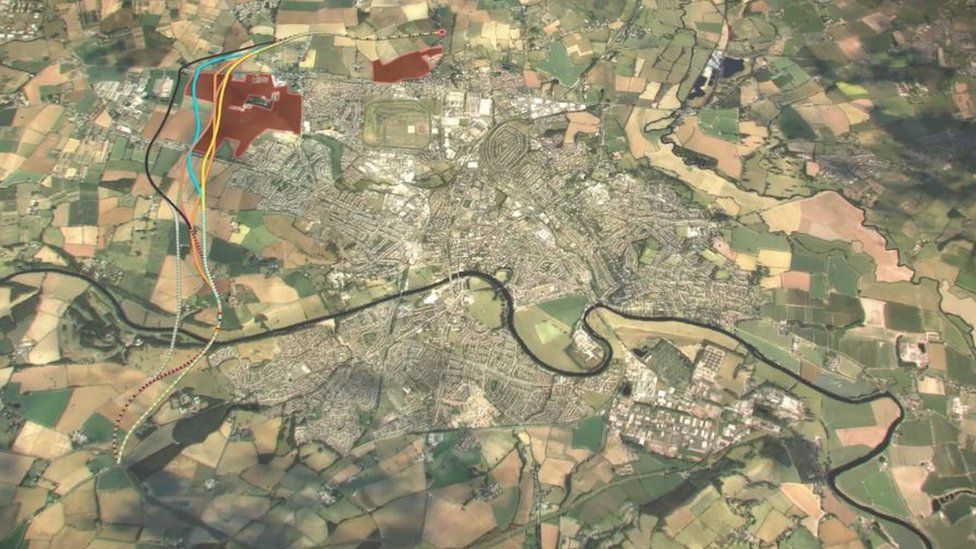 Aerial view of Hereford with proposed routes