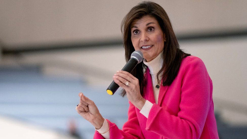 Nikki Haley speaks during the caucuses in Des Moines, Iowa, on 15 January 2024