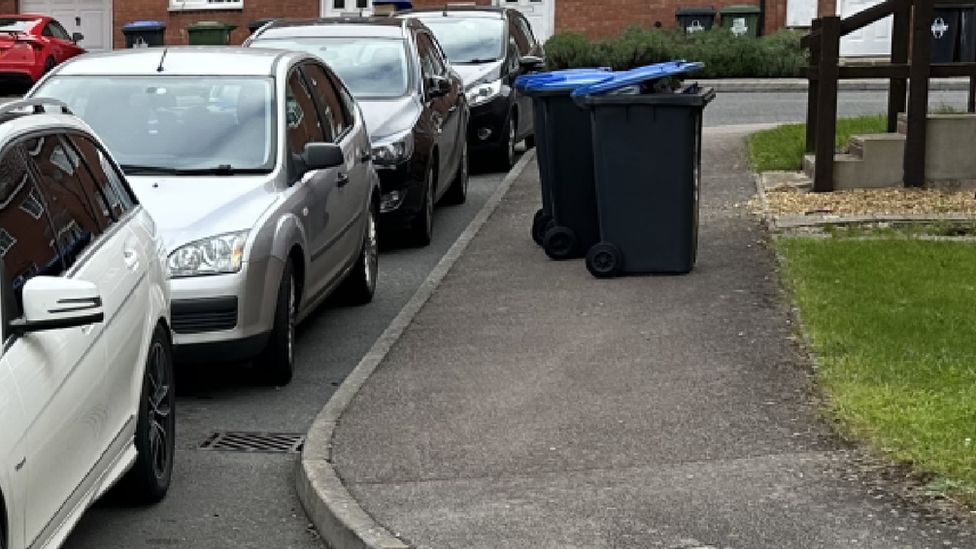 Cars parked next to bins