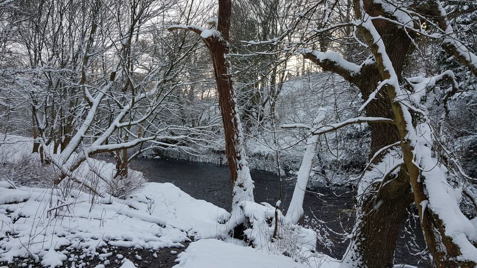 Snowy banks of the Water of Leith in Currie, Edinburgh