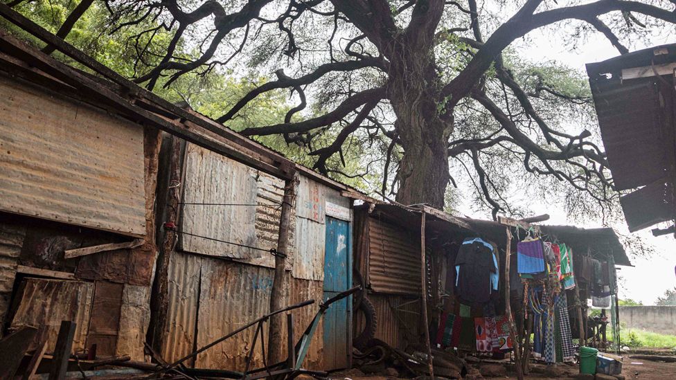 Buildings made out of corrugated iron in Karamoja, Uganda - archive photo