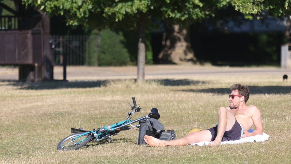 Sun worshipper in Kensington Gardens, London, 11 July