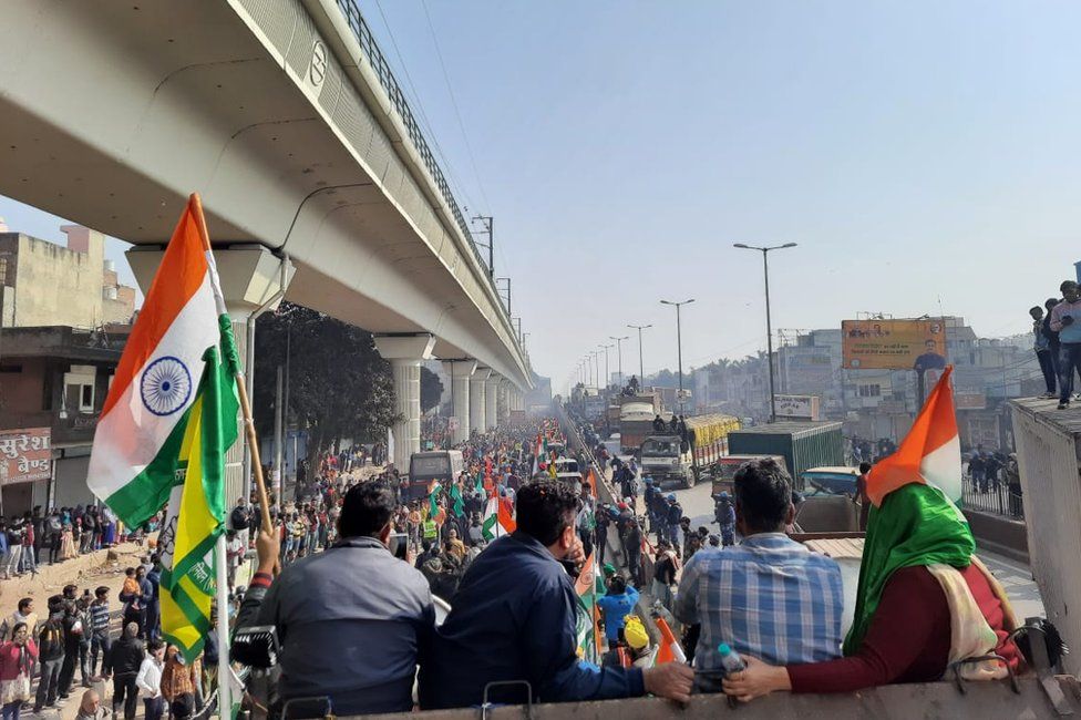 Farmers march through Delhi as part of the tractor rally on January 26, 2021.