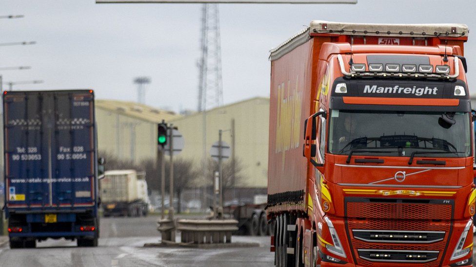 Lorries driving on a port road