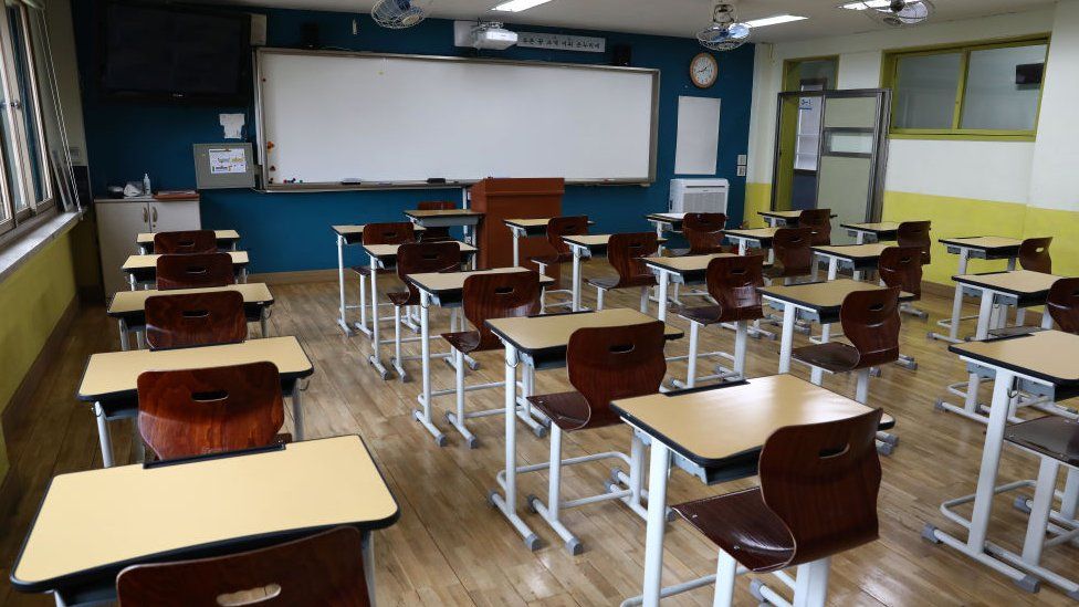 An empty classroom is seen ahead of school re-opening at Yeouido girl's high school on May 19, 2020