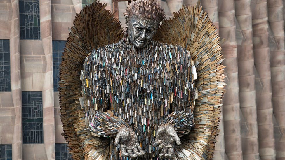 Knife Angel sculpture, made of 100,000 confiscated knives, is installed at Coventry Cathedral
