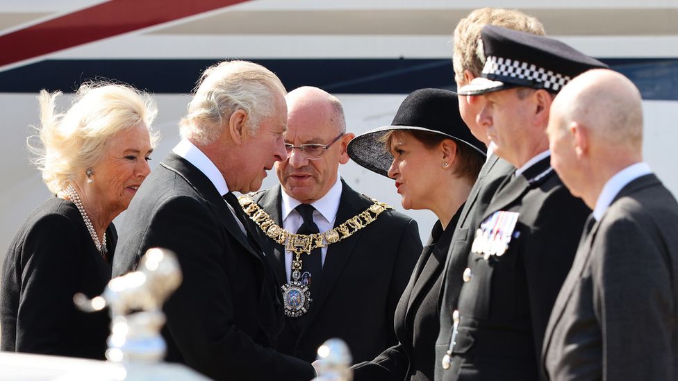 King Charles III was greeted by First Minister Nicola Sturgeon as he arrived at Edinburgh Airport