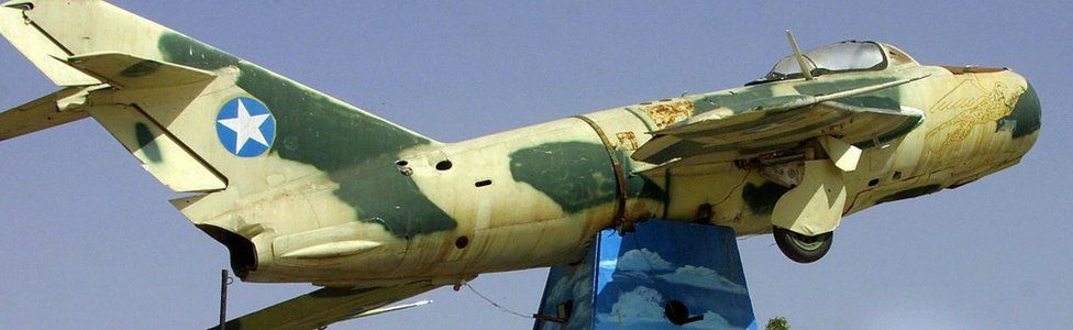 A Russian made mig fighter jet that was used in 1989 seen hanging in Hargeisa as a monument of reminder to the people of Somalilan