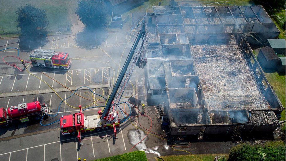 Photo from a drone of fire engines attending the fire at Bromham social club