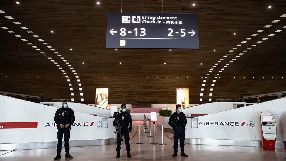French police officers in Charles de Gaulle international airport in France during the coronavirus pandemic