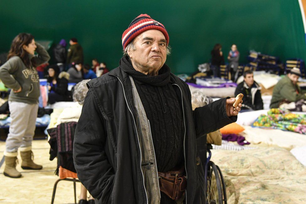 People are housed in a large tent erected in Montereale, Abruzzo, 18 January