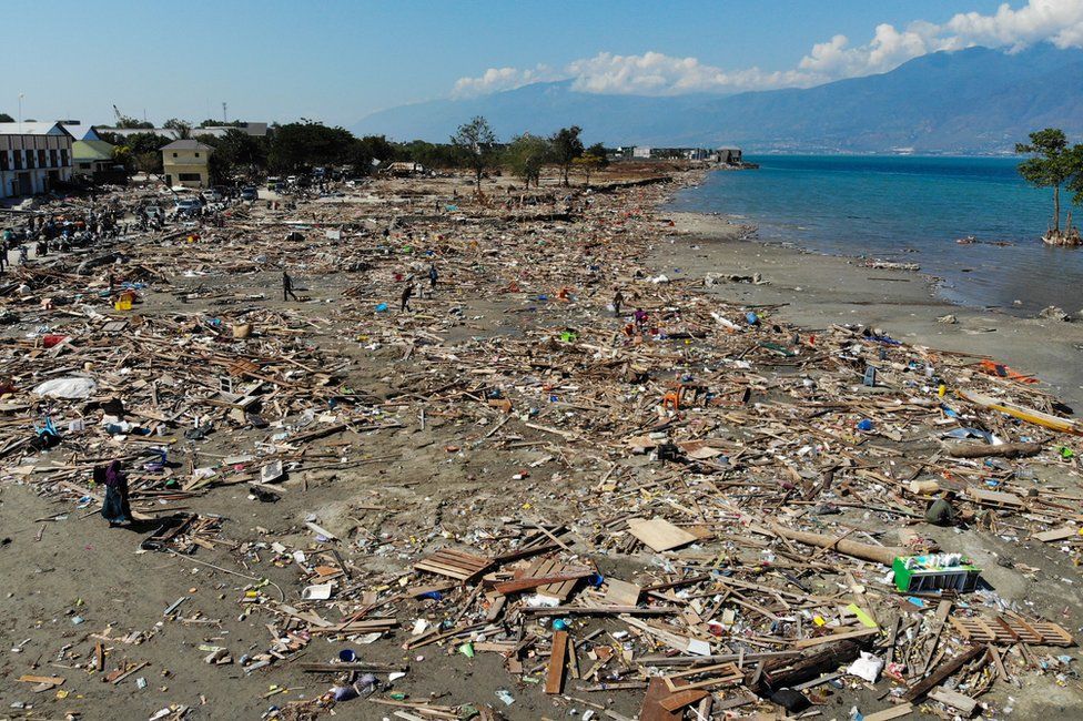 Debris litters the beach in Palu, Indonesia