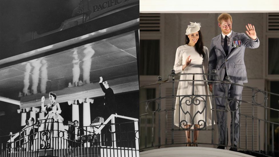 The Queen and Duke of Edinburgh waving from the balcony in 1953, and the modern royal couple in 2018