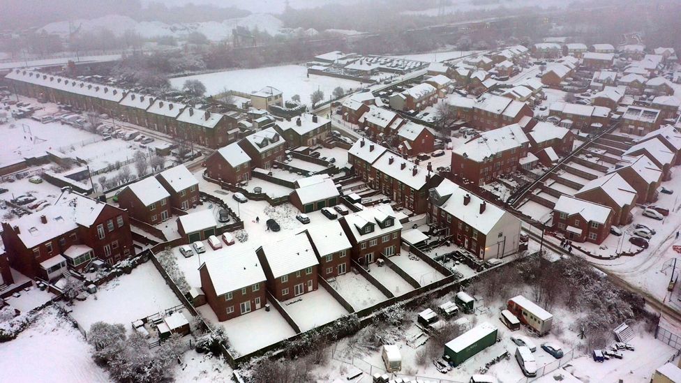 Aerial view of snow in East Ardsley, West Yorkshire, 14 January 2021
