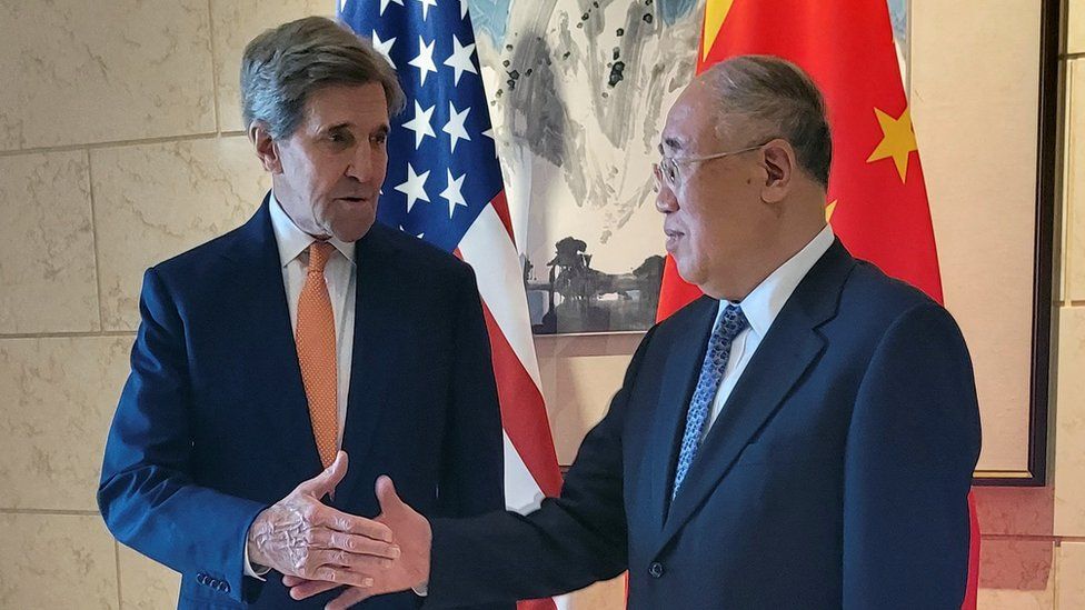 U.S. Special Presidential Envoy for Climate John Kerry shakes hands with his Chinese counterpart Xie Zhenhua before a meeting in Beijing, China July 17, 2023.