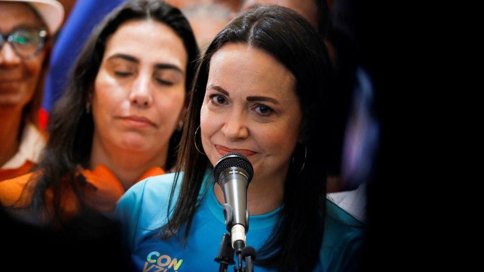 Maria Corina Machado, candidate of the Vente Venezuela party for the opposition primaries, addresses the audience during a press conference, in Caracas, Venezuela October 13, 2023.