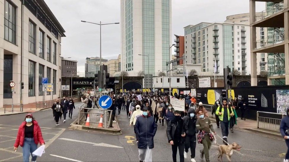 Protesters marching in Cardiff