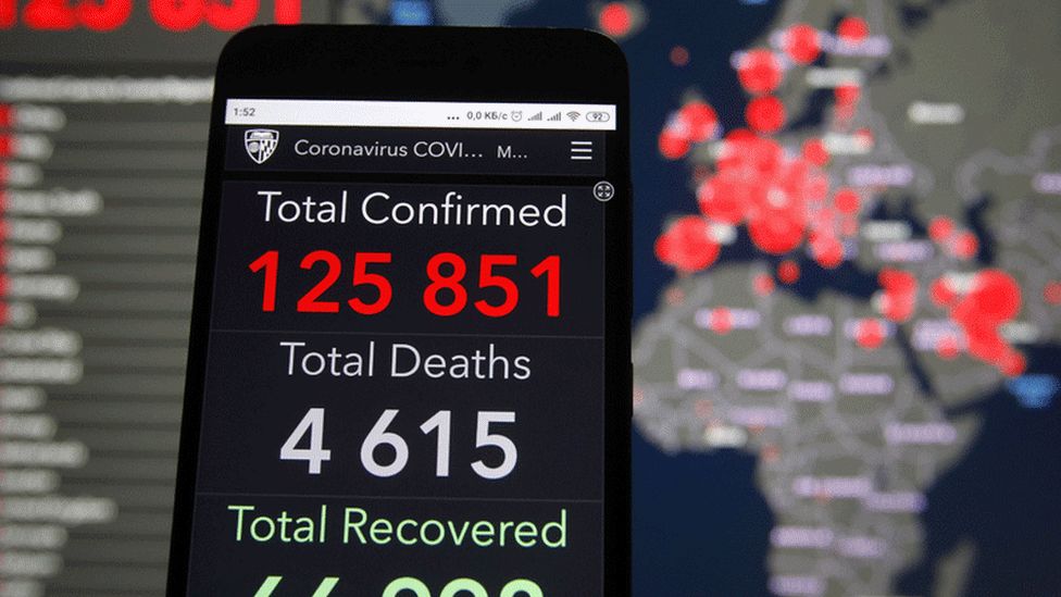 Data on coronavirus cases on a map and a phone