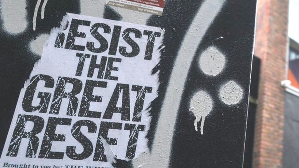 A poster 'Resist The Great Reset' seen next to a Google building GRCQ1 in Dublin's Grand Canal area during Level 5 Covid-19 lockdown. On Tuesday, March 2, 2021