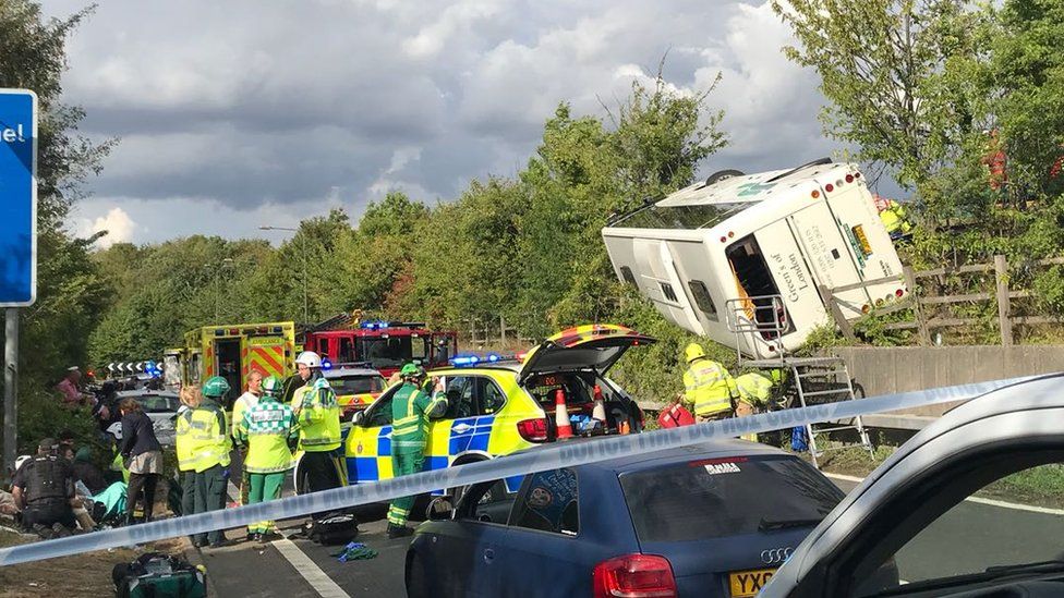 Overturned coach at junction three of the M25 near Swanley
