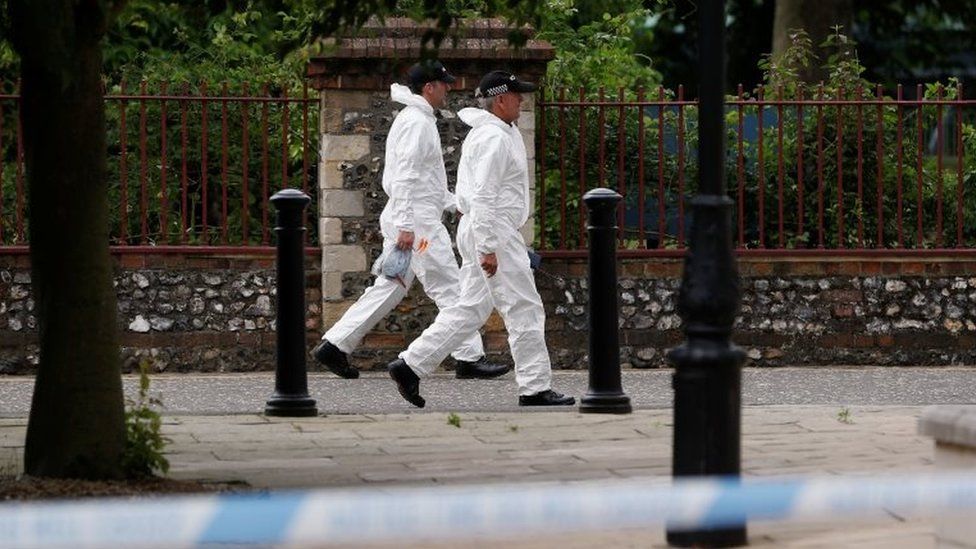 Police officers in forensic suits walk along the park