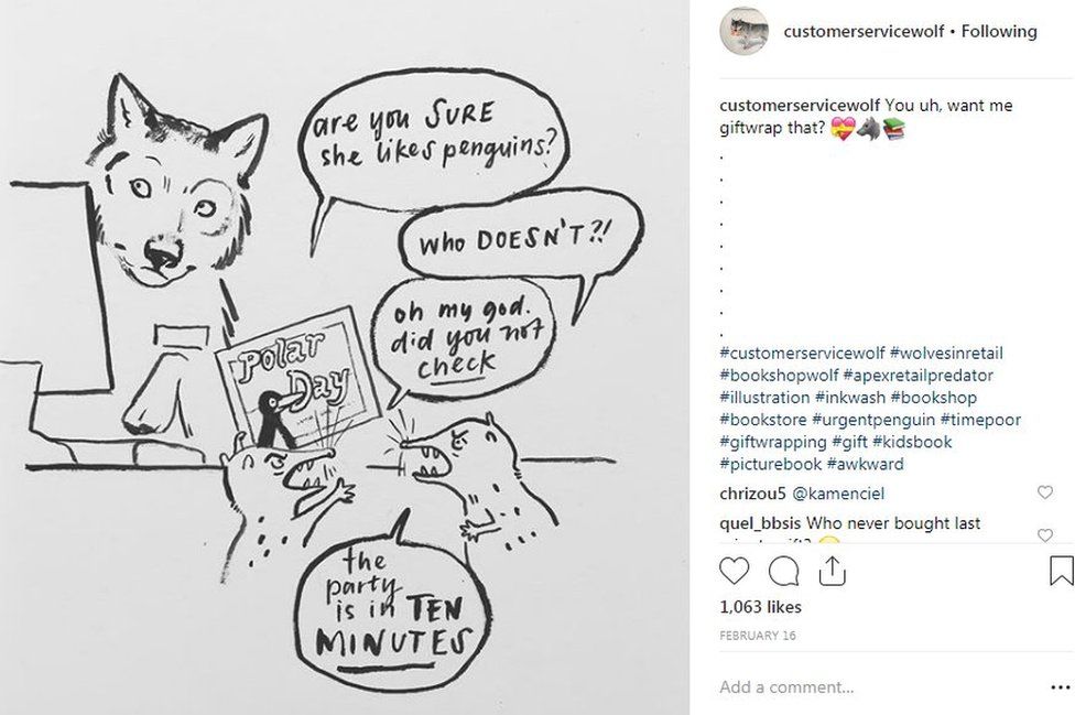 Image taken from Instagram. Comic panel showing a wolf looking awkward with two creatures holding a books saying 'Polar Day' with the dialogue: 'Are you SURE she likes penguins?' 'Who doesn't?!' 'Oh my god, did you not check?' 'The party is in 10 minutes'.