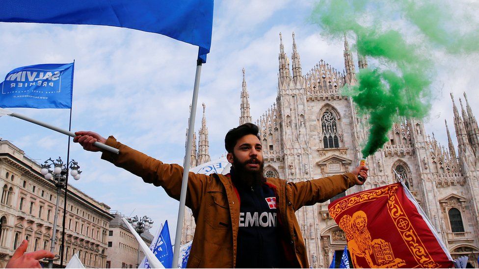 Supporters of Italy's The League at a rally led by leader Matteo Salvini in Milan, 24 February 2018