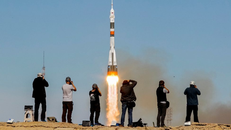 A rocket launching from the Baikonur Cosmodrome in Kazakhstan