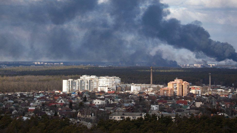 Smoke rising over outskirts of Kyiv