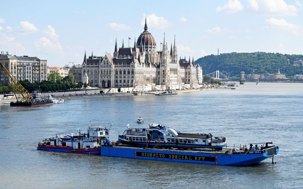The Mermaid boat on the Danube river is moved during a salvage operation in Budapest