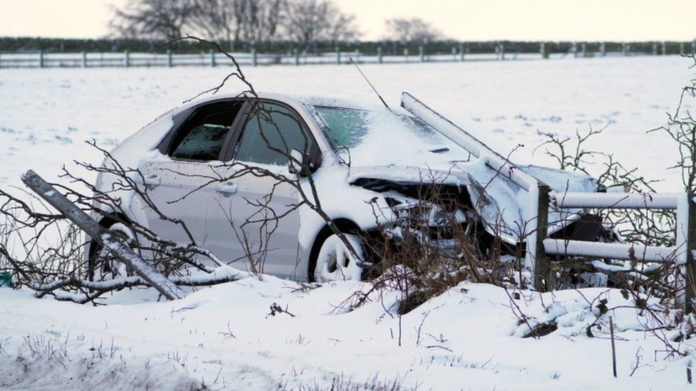 A crashed car on the A68 near Castleside in County Durham