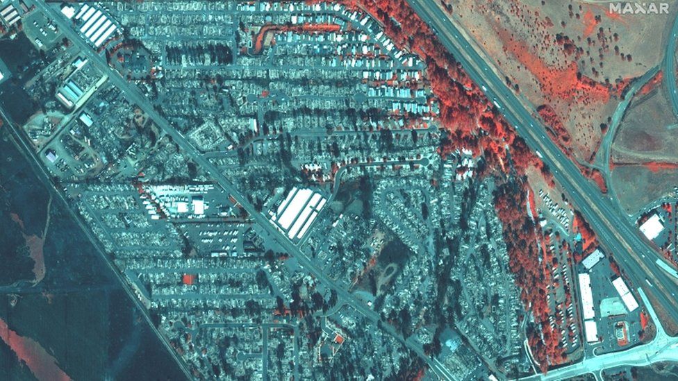 A colour infrared satellite image shows destroyed homes after the Alameda Fire in Phoenix, Oregon, US, on 9 September 2020