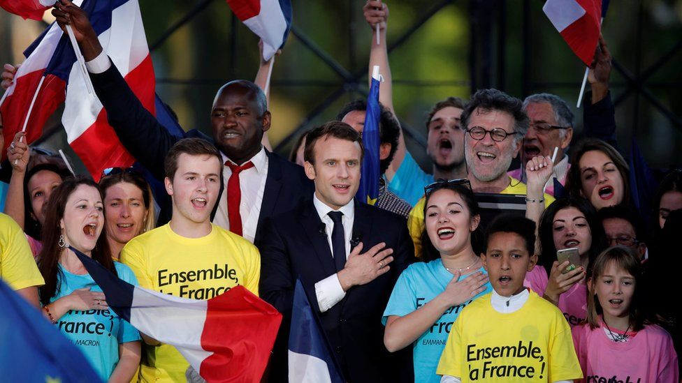 Emmanuel Macron (C), holds a campaign rally in Albi on 4 May