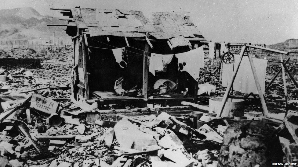 Picture of Nagasaki survivors in the debris, following the bombing of 9 August 1945