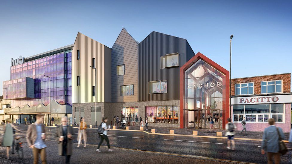 Artist's impressions showing new angular building on seafront