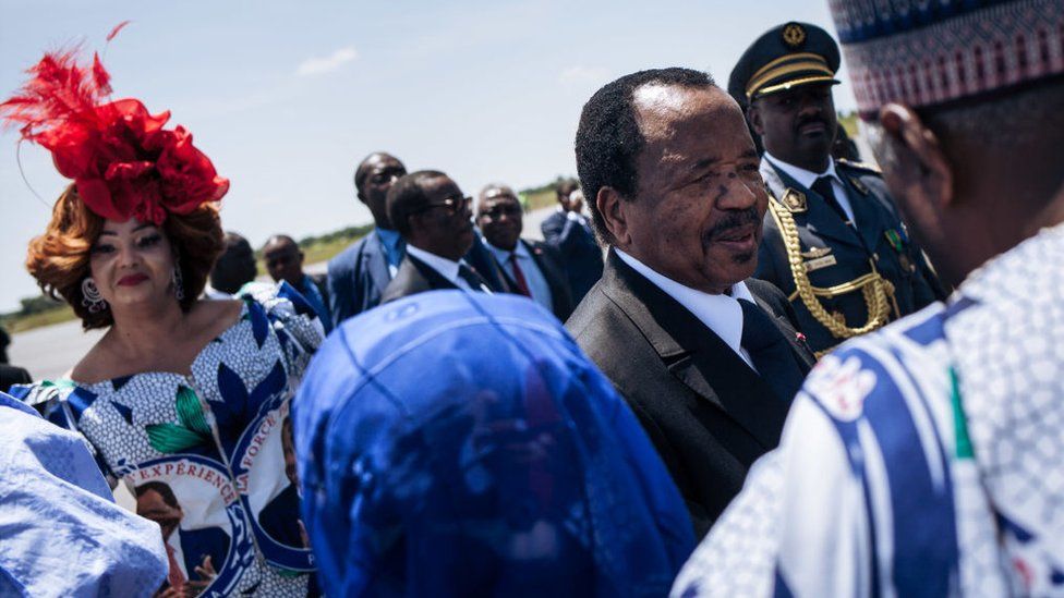 Cameroon's President Paul Biya and his wife, Chantal Biya, are welcomed at Maroua airport, in the Far North Region of Cameroon, ahead of an electoral meeting, on September 29, 2018.