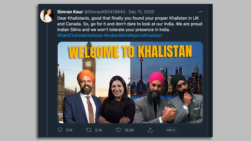 A tweet showing pictures of Sikhs in London and Toronto saying "Welcome to Khalistan" in yellow text