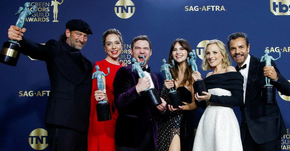 Director Sian Heder and cast members of "CODA" Troy Kotsur, Daniel Durant, Emilia Jones, Marlee Matlin and Eugenio Derbez pose backstage after winning Outstanding Performance by a Cast in a Motion Picture at the 28th Screen Actors Guild Awards, in Santa Monica, California, U.S., February 27, 2022