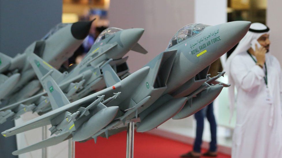 Models of Saudi Royal Air Force fighter jets are seen during the Dubai Airshow on November 12, 2017