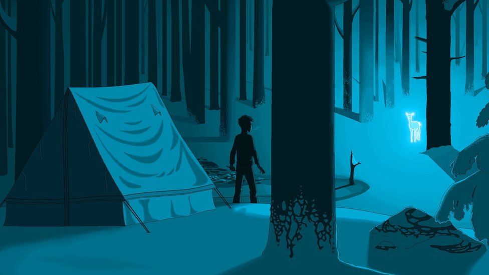 Harry Potter seen standing outside a tent in a forest at night, as a glowing Silver Doe approaches