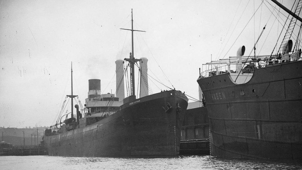 Archival image of the SS Iron Crown in port