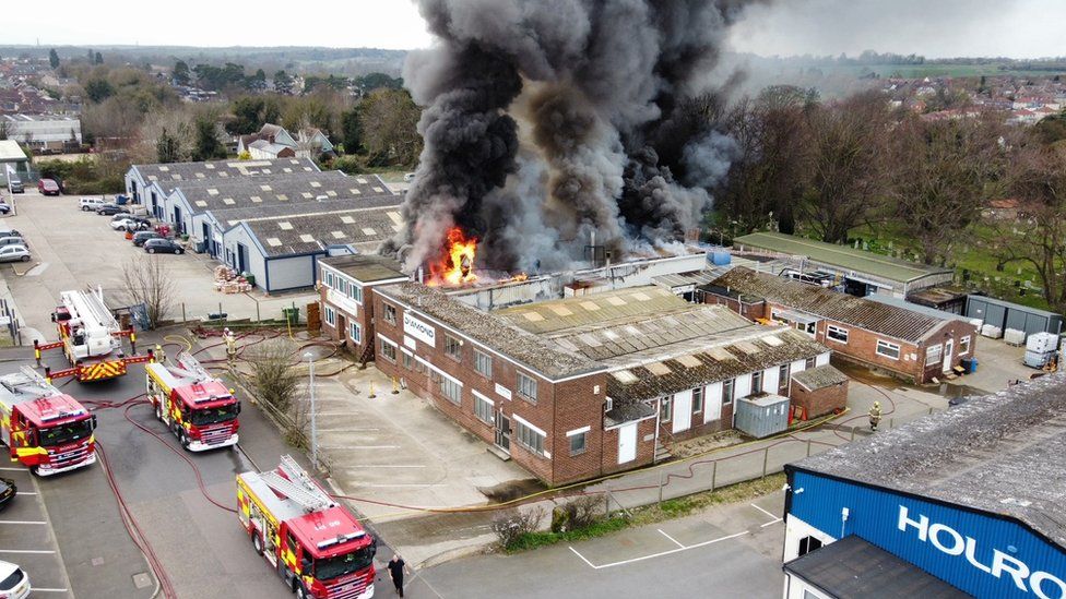 Flames and black smoke appearing from the building in Saffron Walden