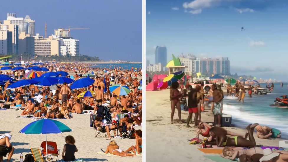 (Left) a photograph of beachgoers in Miami. (Right) An image from the GTA 6 trailer
