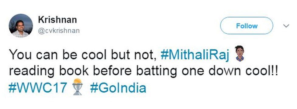 Tweet: "You can be cool but not, Mithali Raj reading book before batting one down cool!"