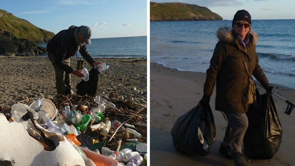 Tim and Ros Birch pick litter on Hell's Mouth beach