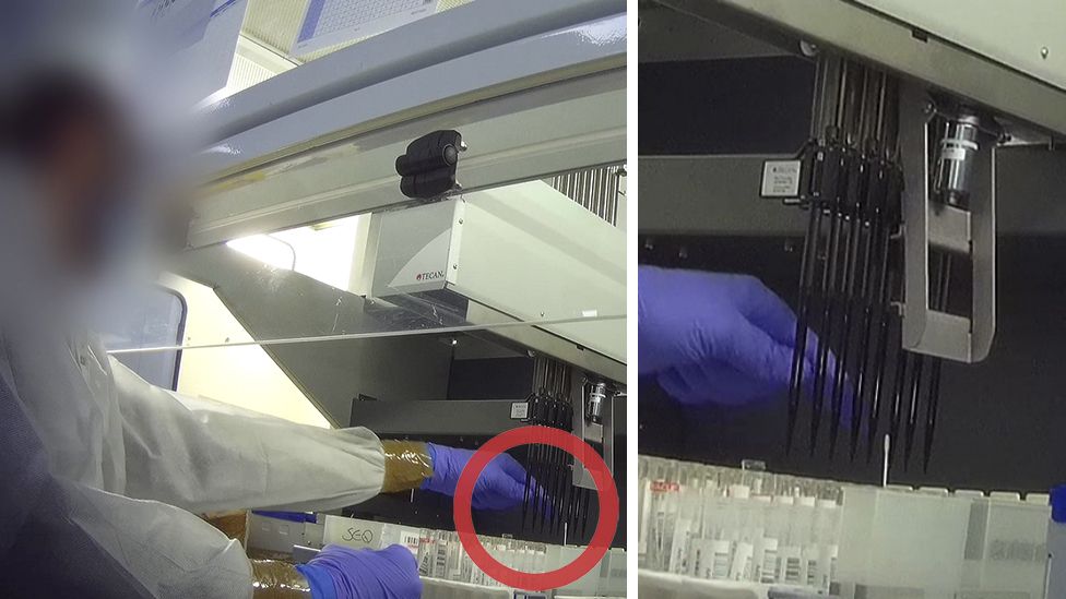 Technician pops swab snagged by pipette robot back into tube