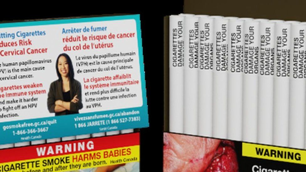 Photo of Canada's new cigarette warning labels, featuring images and text on the outside of the packaging and labels on individual cigarettes