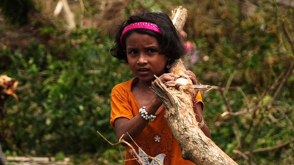 Girl carries branch in Thet Kyal Pyin Rohingya village