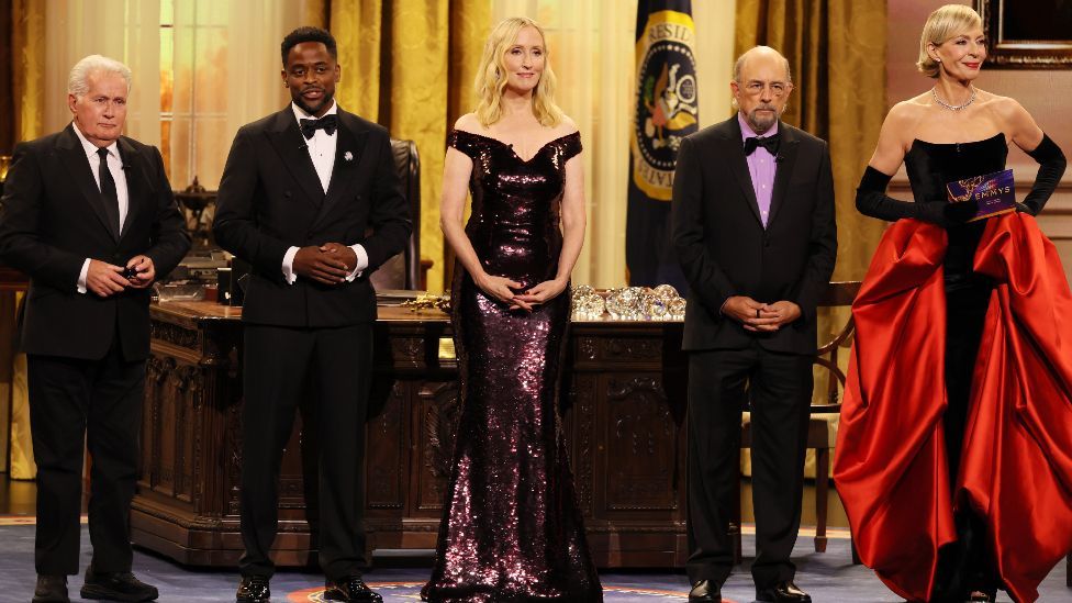 Martin Sheen, Dulé Hill, Janel Moloney, Richard Schiff and Allison Janney speak onstage during the 76th Primetime Emmy Awards at Peacock Theater on September 15, 2024 in Los Angeles, California