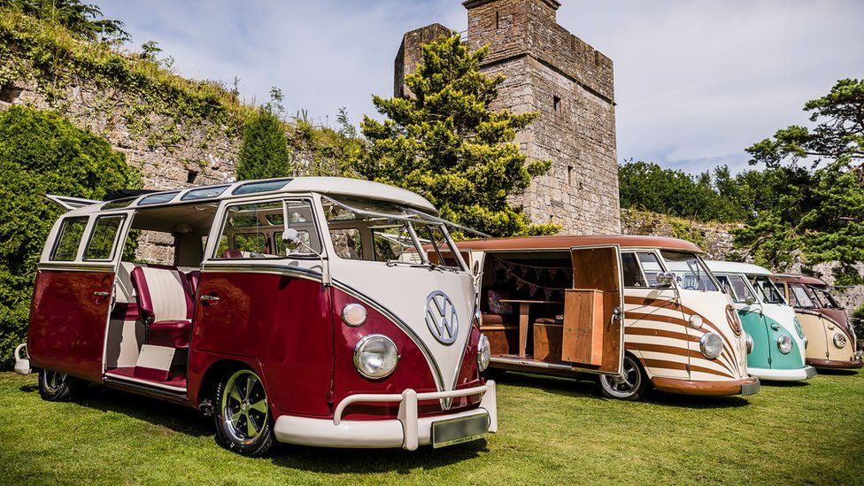 VW campervans at Caldicot Castle in Monmouthshire.